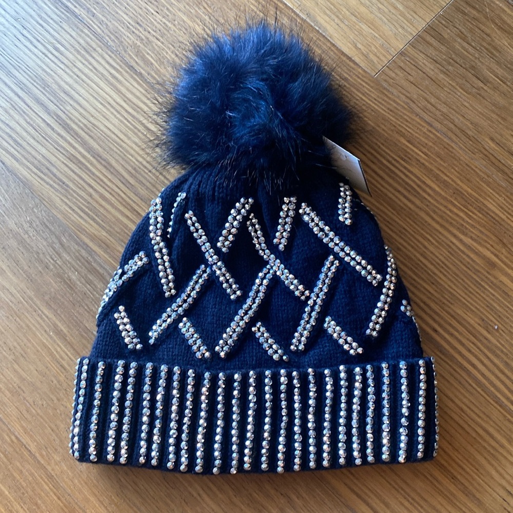 New Women Blue Studded Knit Cold Weather Winter Hat With Faux Fur Pom Pom